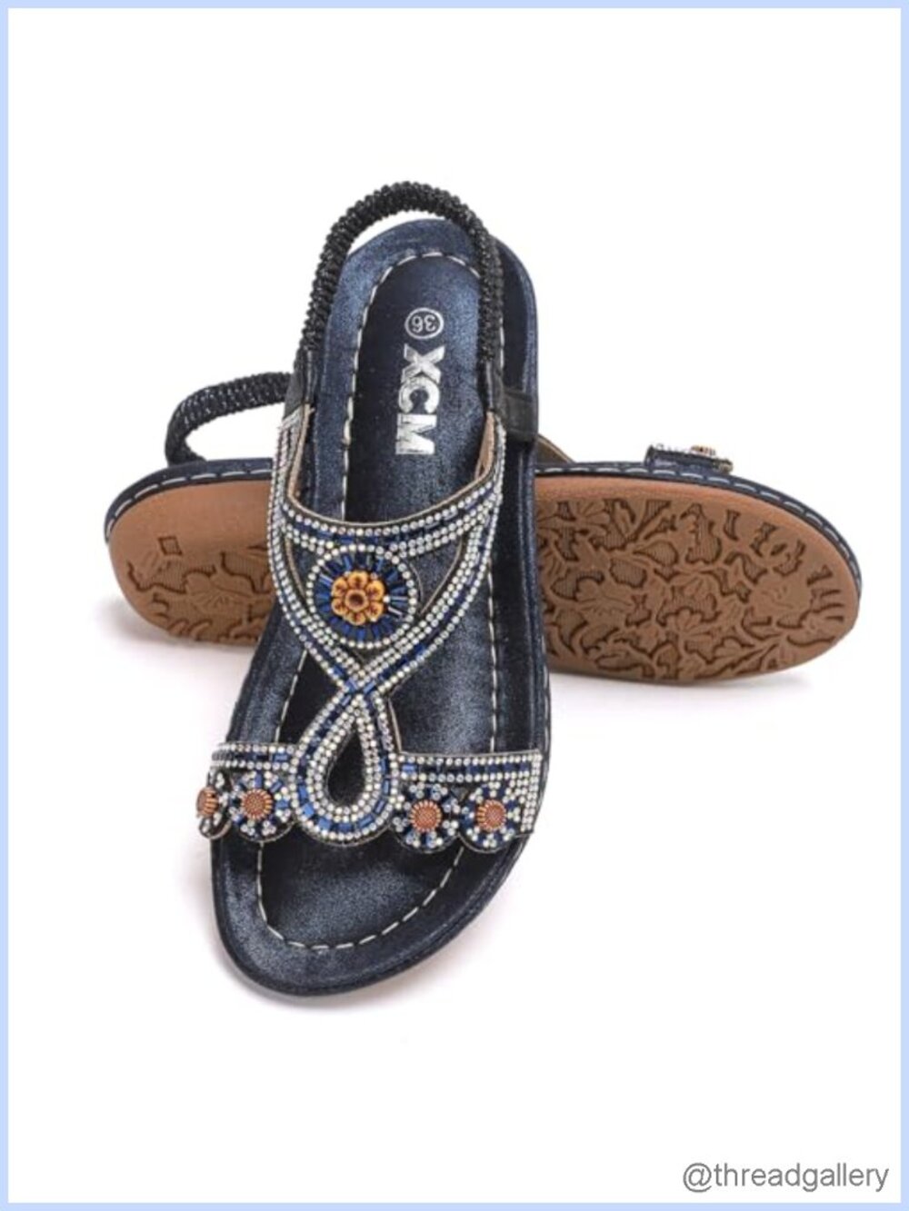 Womens Bohemian Rhinestone Flat Sandals Elastic Ankle Strap